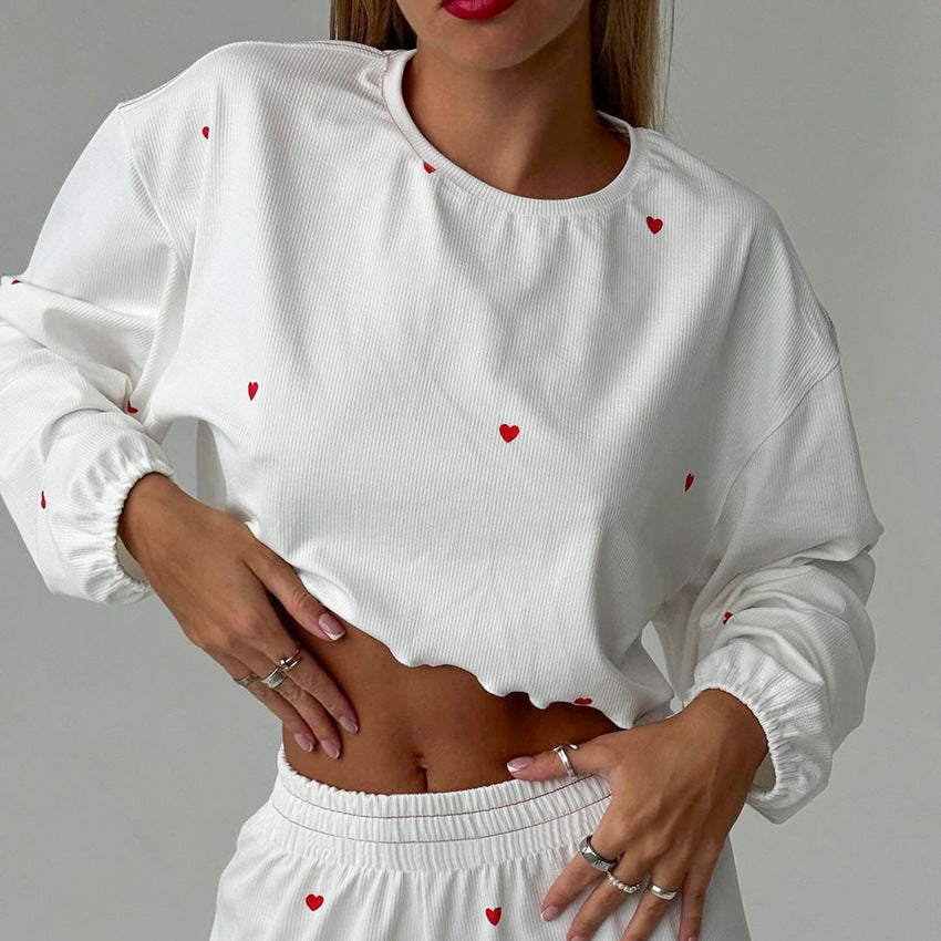 Dame afslappet Crop-Top og løstsiddende bukse sæt med hjerte-motiver Stilla