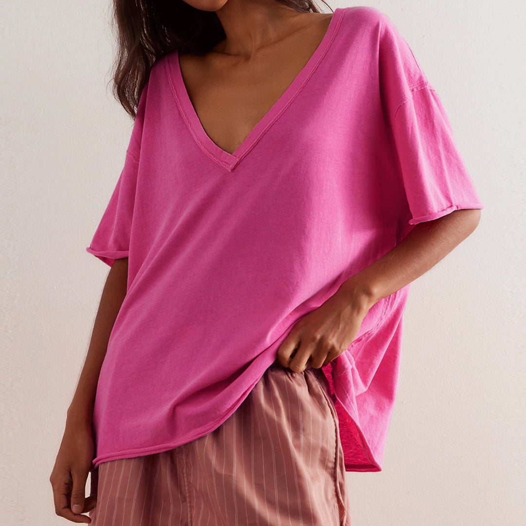 Dame afslappet oversized T-shirt med dyb V-udskæring og fine spidse accenter Stilla