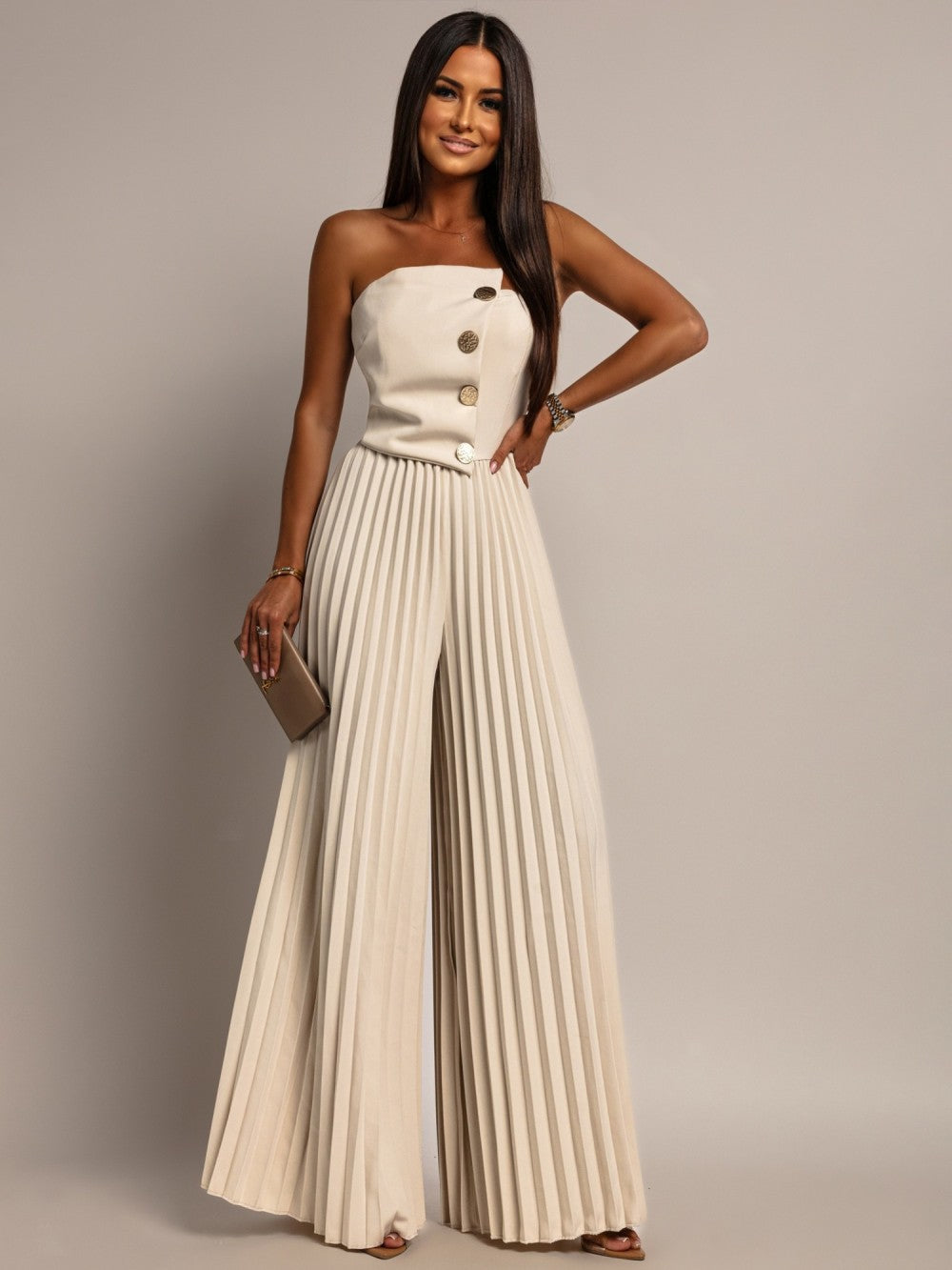 Dame Elegant Jumpsuit med Folder og Knapdetaljer Stilla