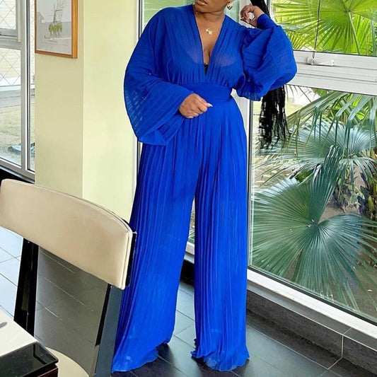 Dame Plisseret Jumpsuit med højtstående udskæring og ballonærmer Stilla