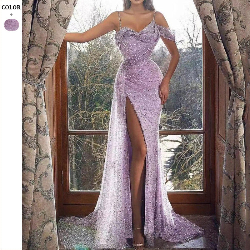 Dame Elegant aftenkjole med gennemsigtige indsatser og glitrende stof Stilla