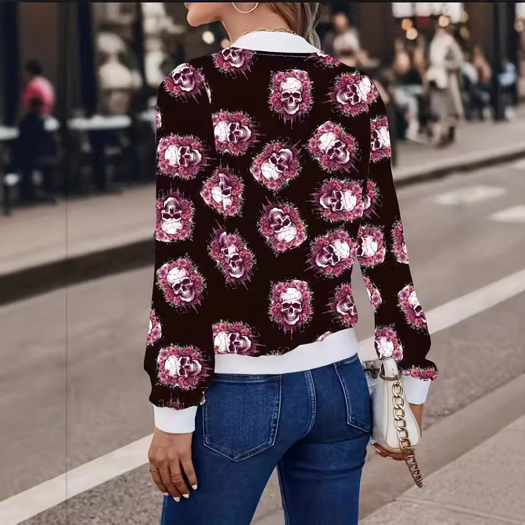Dame afslappet bomberjakke med unikt blomster- og dødningehovedmønster Stilla