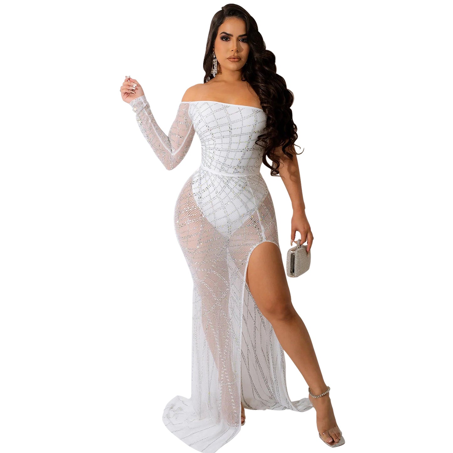 Dame Elegant aftenkjole med ekstravagante strass dekorationer og dyb split Stilla