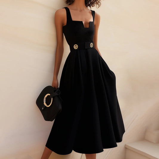 Dame A-linje Midi kjole med firkantet udringning og dekorativt bælte Stilla