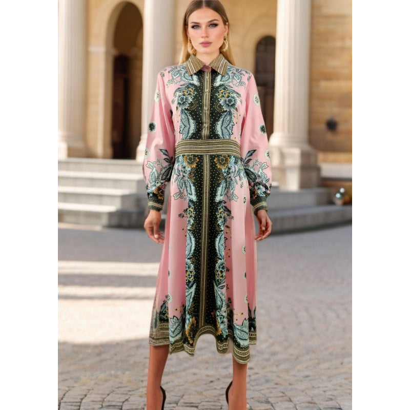 Dame Elegant Blomstret Trykt Maxi Skjortekjole Stilla