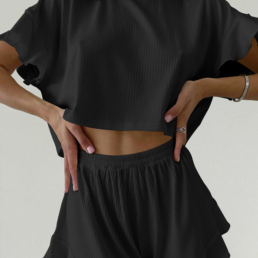 Dame afslappet rib sæt med voluminøse ærmer og frynset afslutninger Stilla