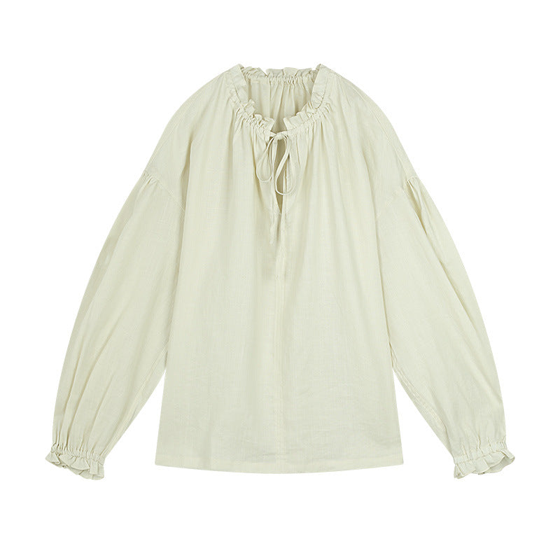 Dame afslappet bluse shirt med detaljeret snøre og puffærmer Stilla