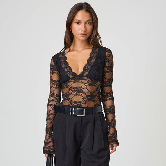 Femme Gennemsigtigt Spidslangærmet Bodysuit Stilla