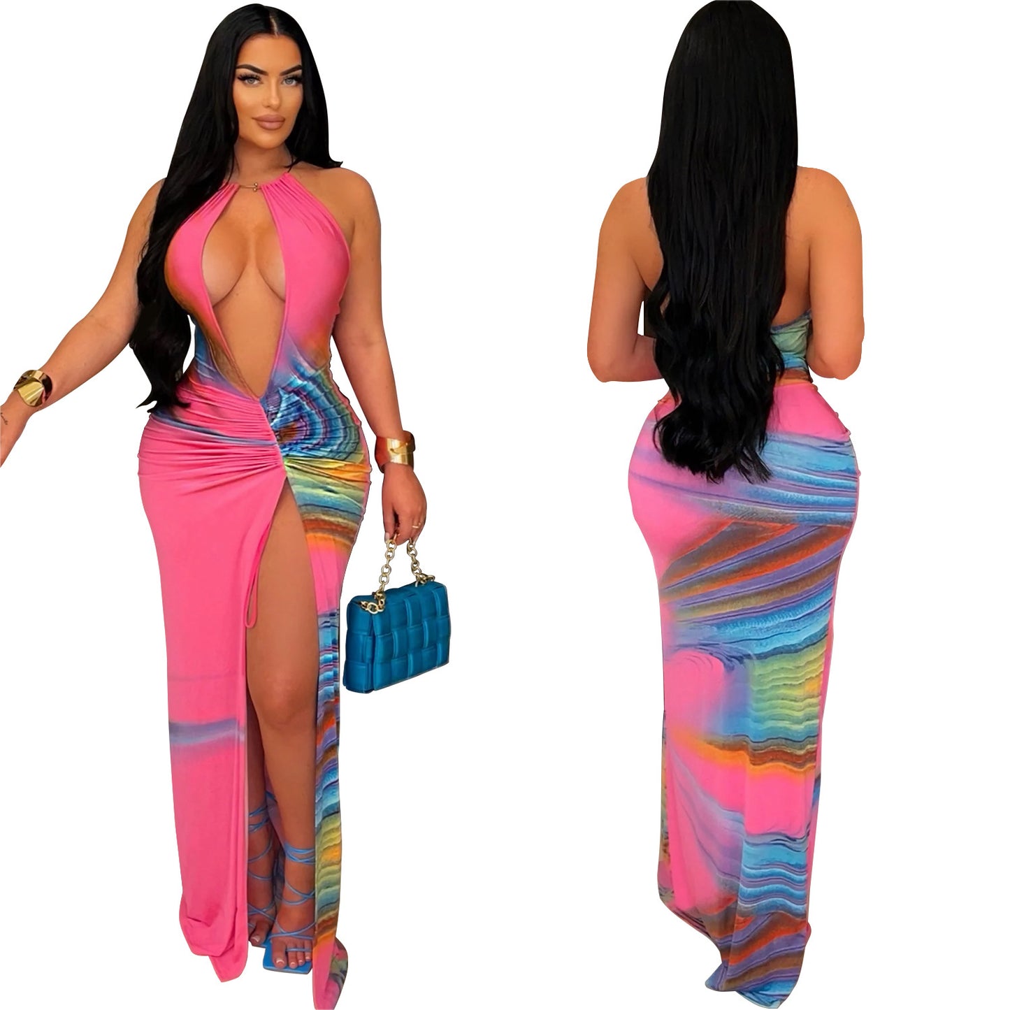 Dame Eksklusiv Cut-Out Maxikjole med dyb U-udskæring og sidefold Stilla