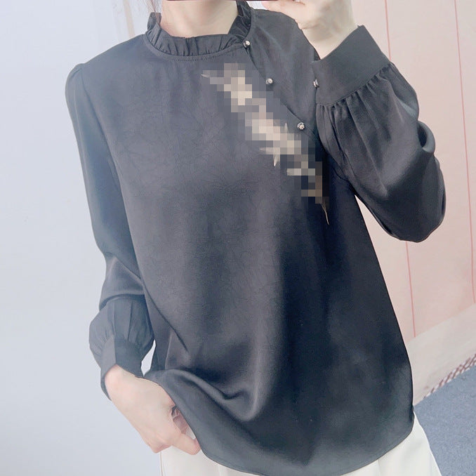 Dame Elegant Bluse med Rynkedetaljer og moderigtig Ståkrave Stilla