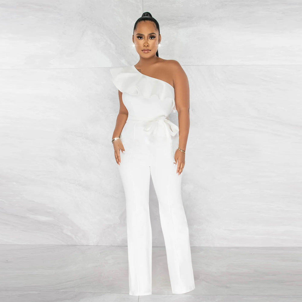 Dame Elegant One-Shoulder Jumpsuit med Rynke Detaljer og Taljebælte Stilla