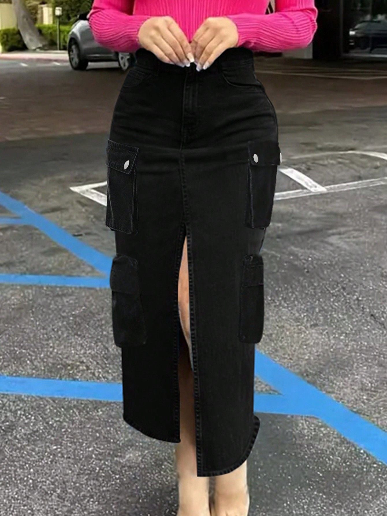 Dame Denim-Midi-Nederdel med praktiske cargo-lommer og slidsfokuseret design Stilla