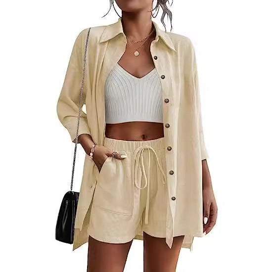 Dame afslappet linned sæt med korte bukser og skjorte Stilla