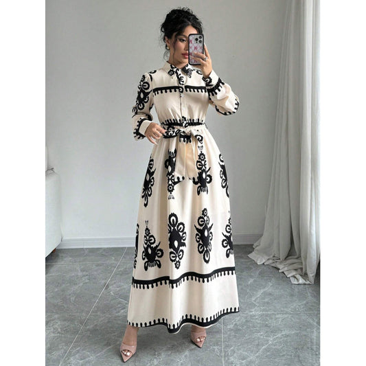 Dame Elegant Langærmet Maxi Kjole med Pyntet Design Stilla