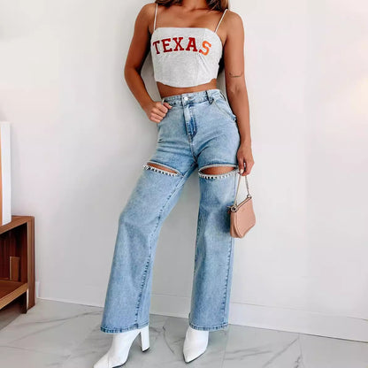 Dame brede jeans med moderigtige cut-outs og dekorative kæder Stilla