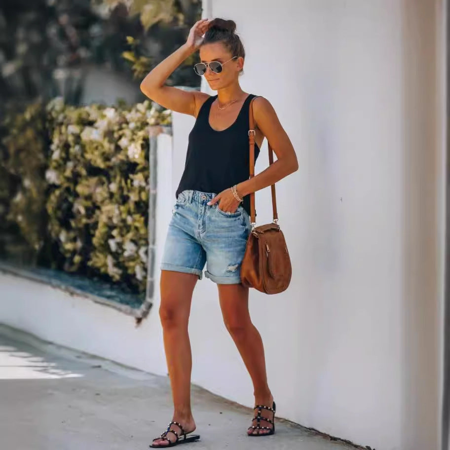 Dame Denim-shorts i afslappet vintage-stil med høj talje og frynse-detaljer Stilla