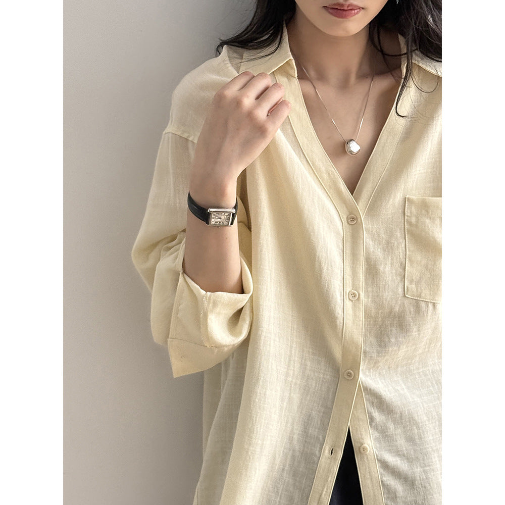 Dame afslappet linned blouse med reduceret snit og praktisk brystlomme Stilla