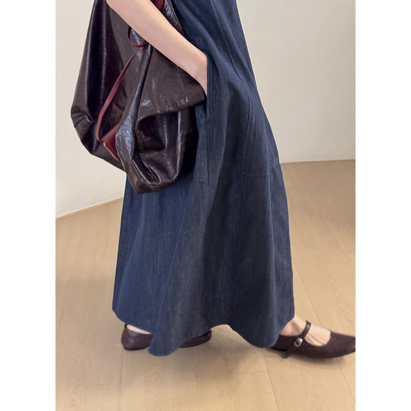 Dame Denim Maxikjole med elegant V-hals og flydende snit Stilla