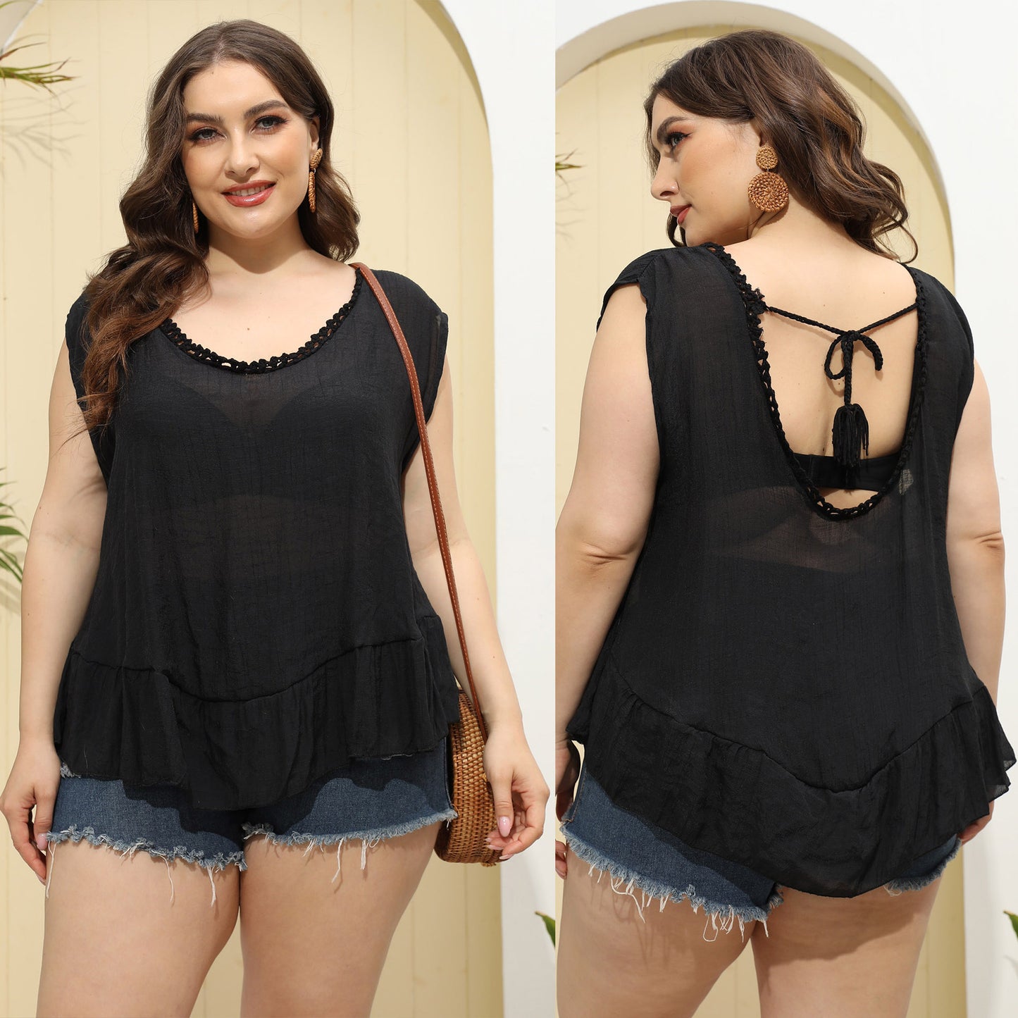 Dame afslappet strandtop med volumøs pasform og flæse detaljer Stilla