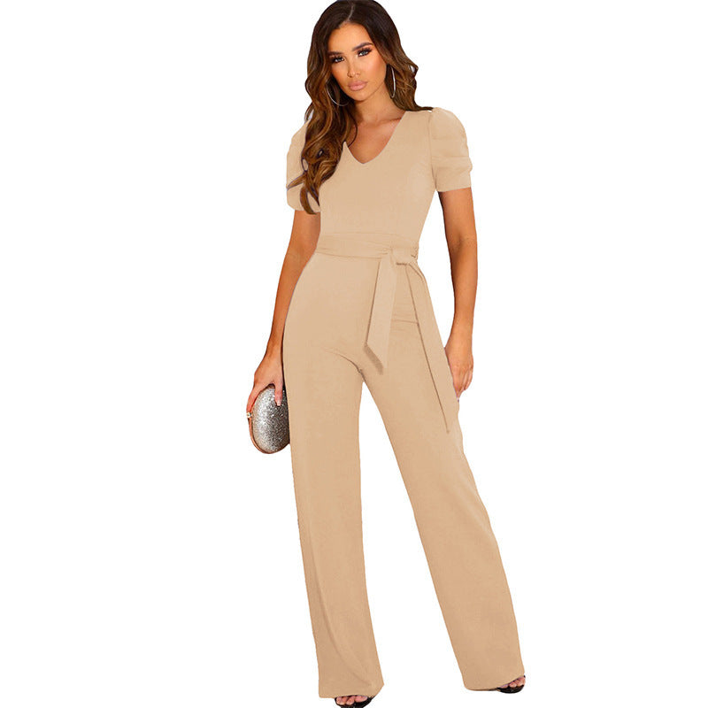 Dame Elegant Jumpsuit med taljerbar skæring og korte puffærmer Stilla