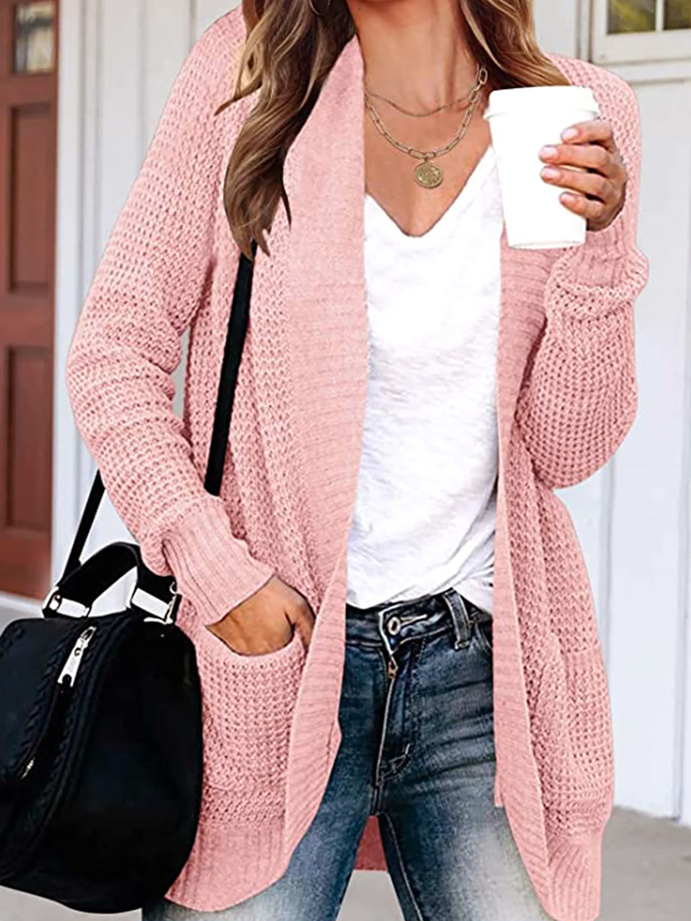 Dame afslappet strik cardigan med praktiske lommer og åbent design Stilla