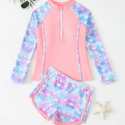 Dame UV-beskyttelse badetøj sæt med lynlås og stilfuldt havfrue-mønster Stilla