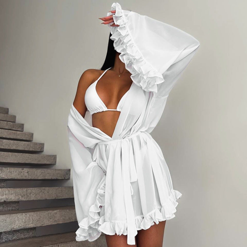 Dame afslappet sommerkjole med flæsedetaljer og justerbart bælte Stilla