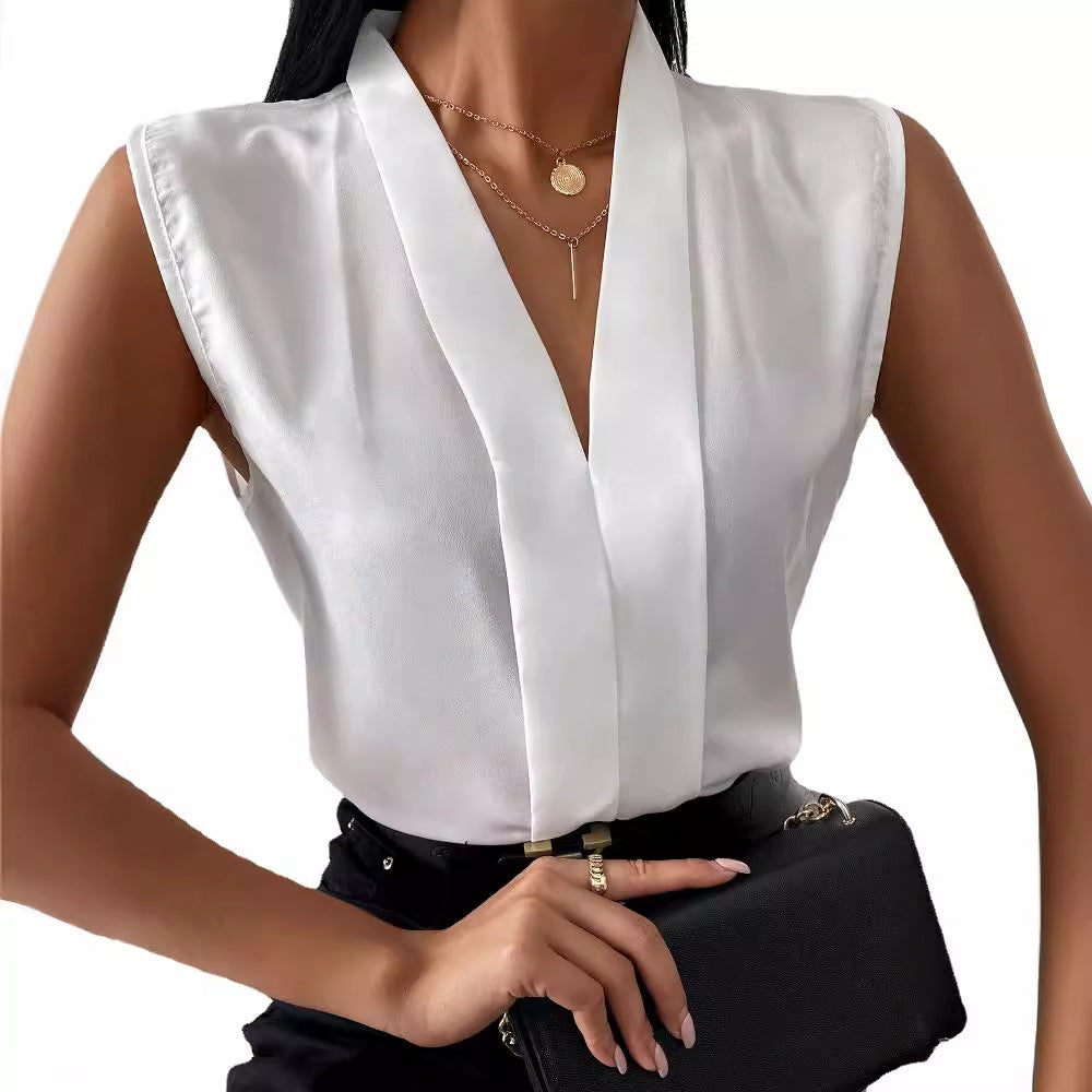 Dame elegant bluseshirt med dyb V-udskæring og glat fald Stilla