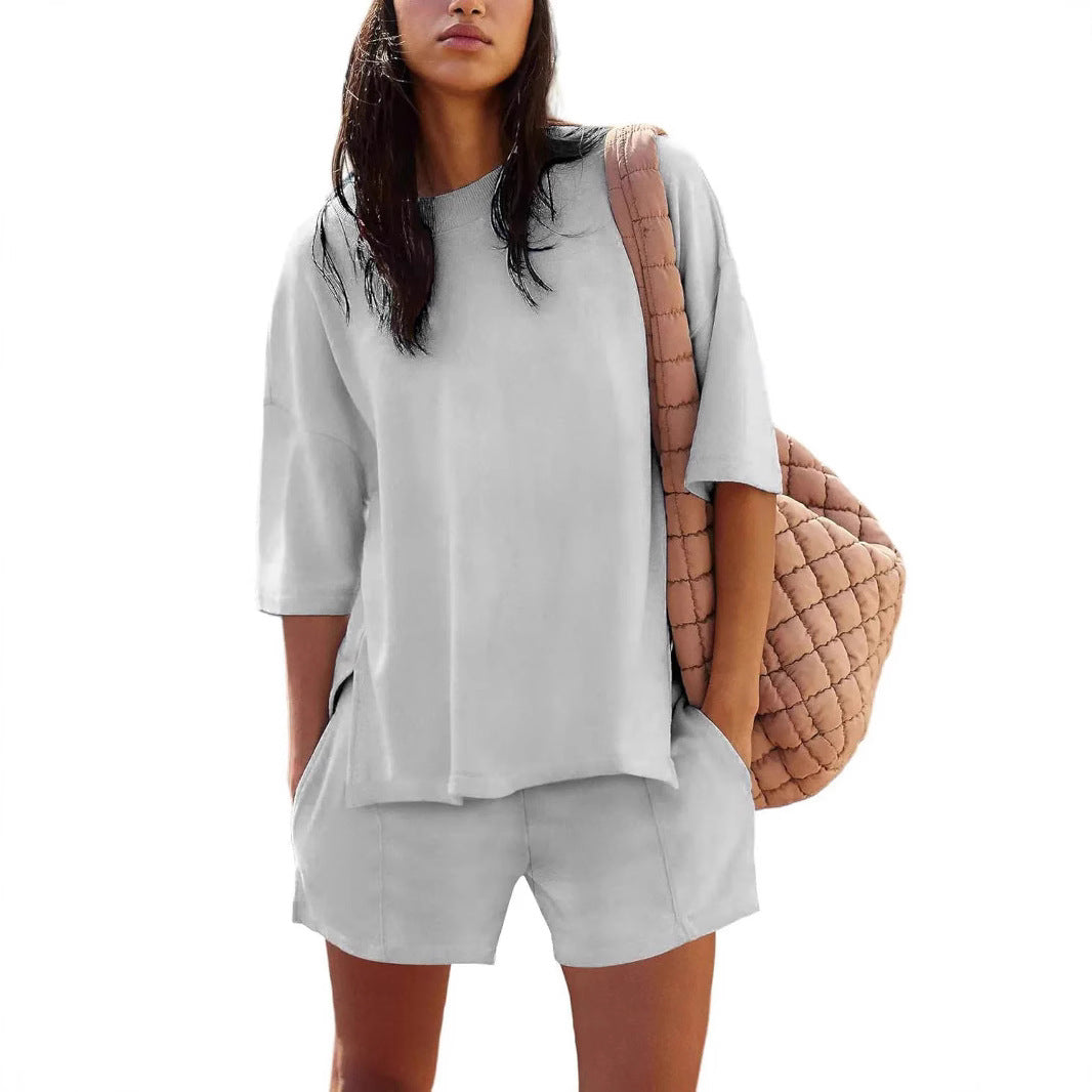 Dame afslappet kortærmet sæt med lommer og rund halsudskæring Stilla