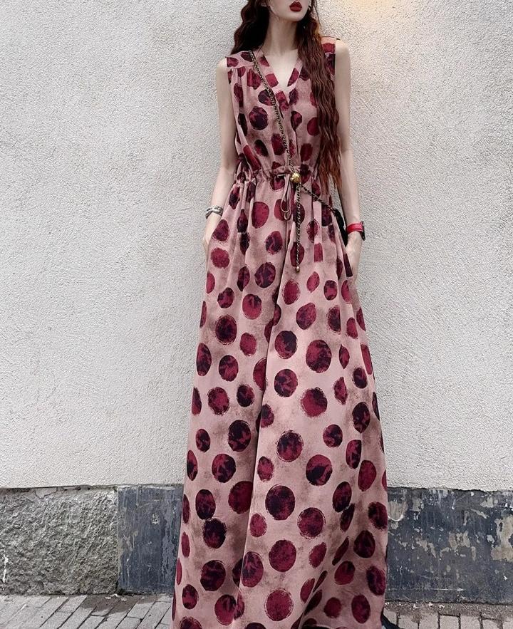 Dame afslappet maxikjole med legende prikkedesign og taljebælte Stilla