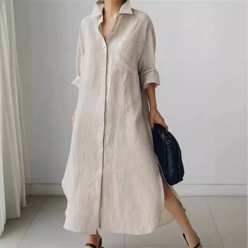 Dame Oversized Skjortekjole med side Slids og fin Linnedstruktur Stilla