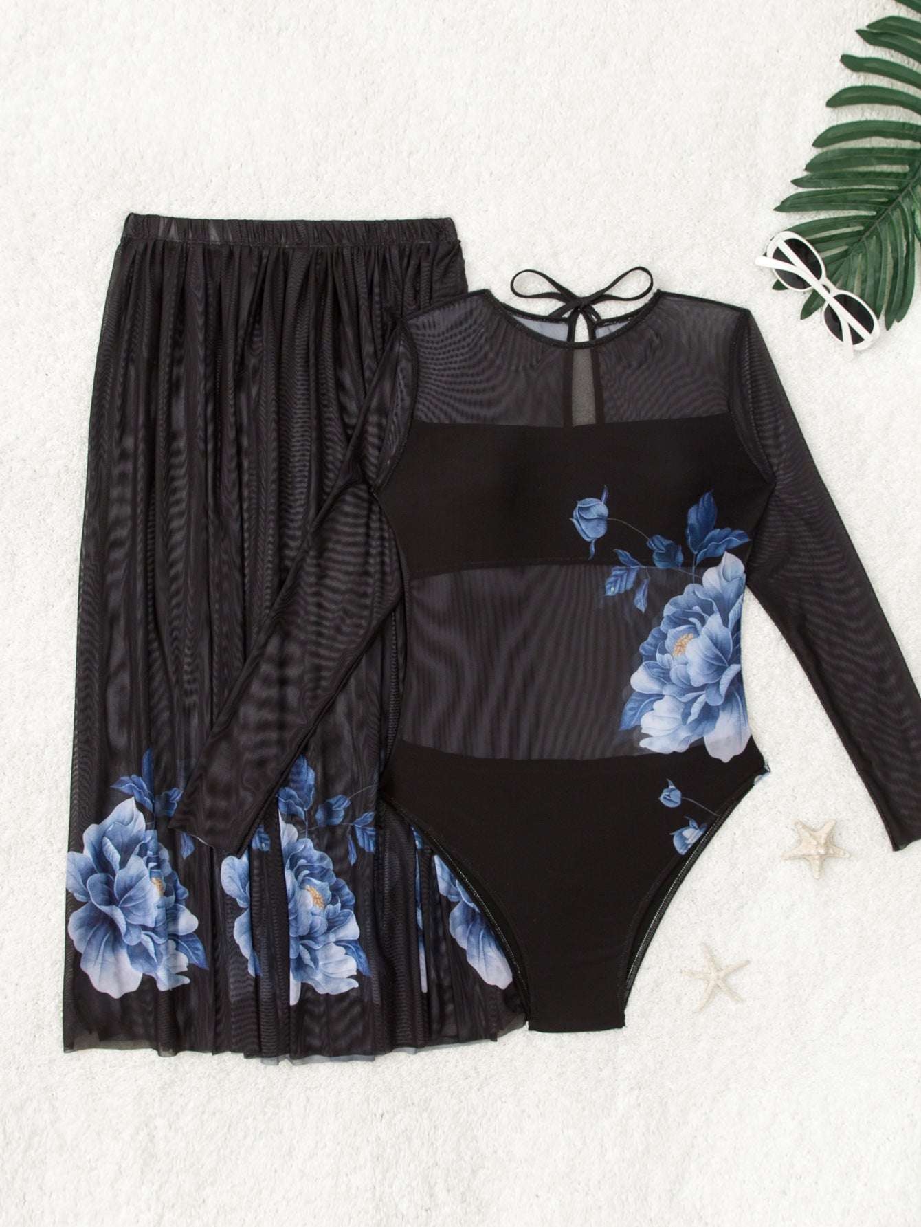 Dame Elegant Badedragt med lang arm og floral nederdel Stilla