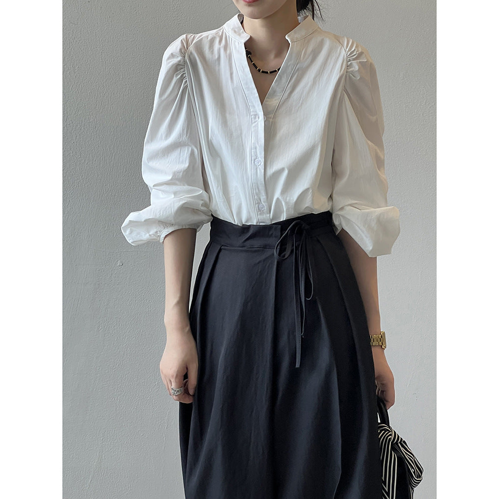 Dame elegant Bluse med pufærmer og ståkrave Stilla