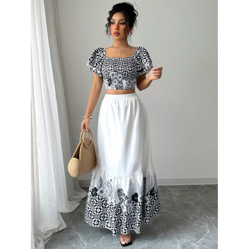 Dame Crop-top med voluminøse ærmer og elegant nederdel Stilla