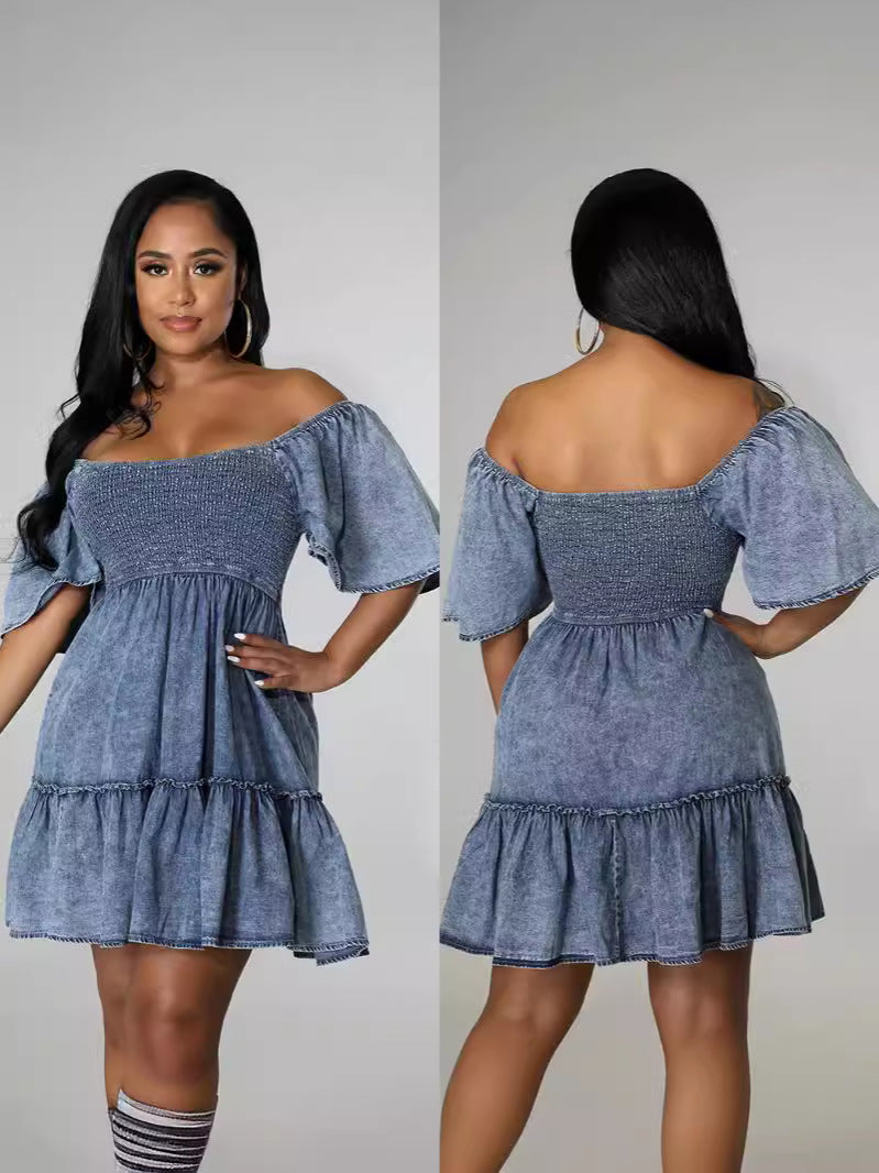 Dame Denim Kjole med luftige Rynke detaljer og elastisk Overdel Stilla