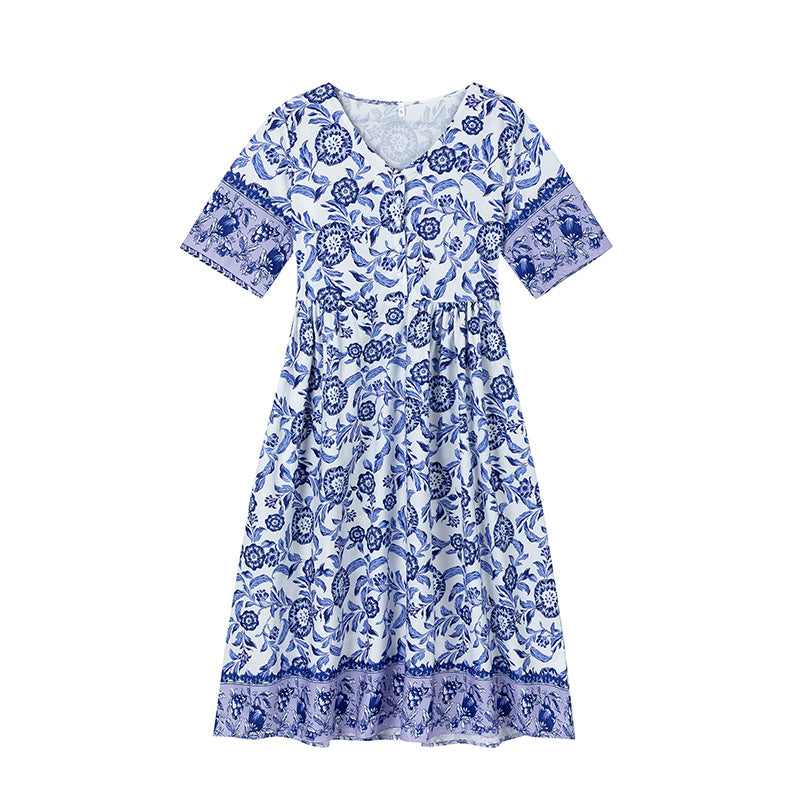 Dame Elegant Floral Trykt Kjole med V-Udskæring og Korte Ærmer Stilla
