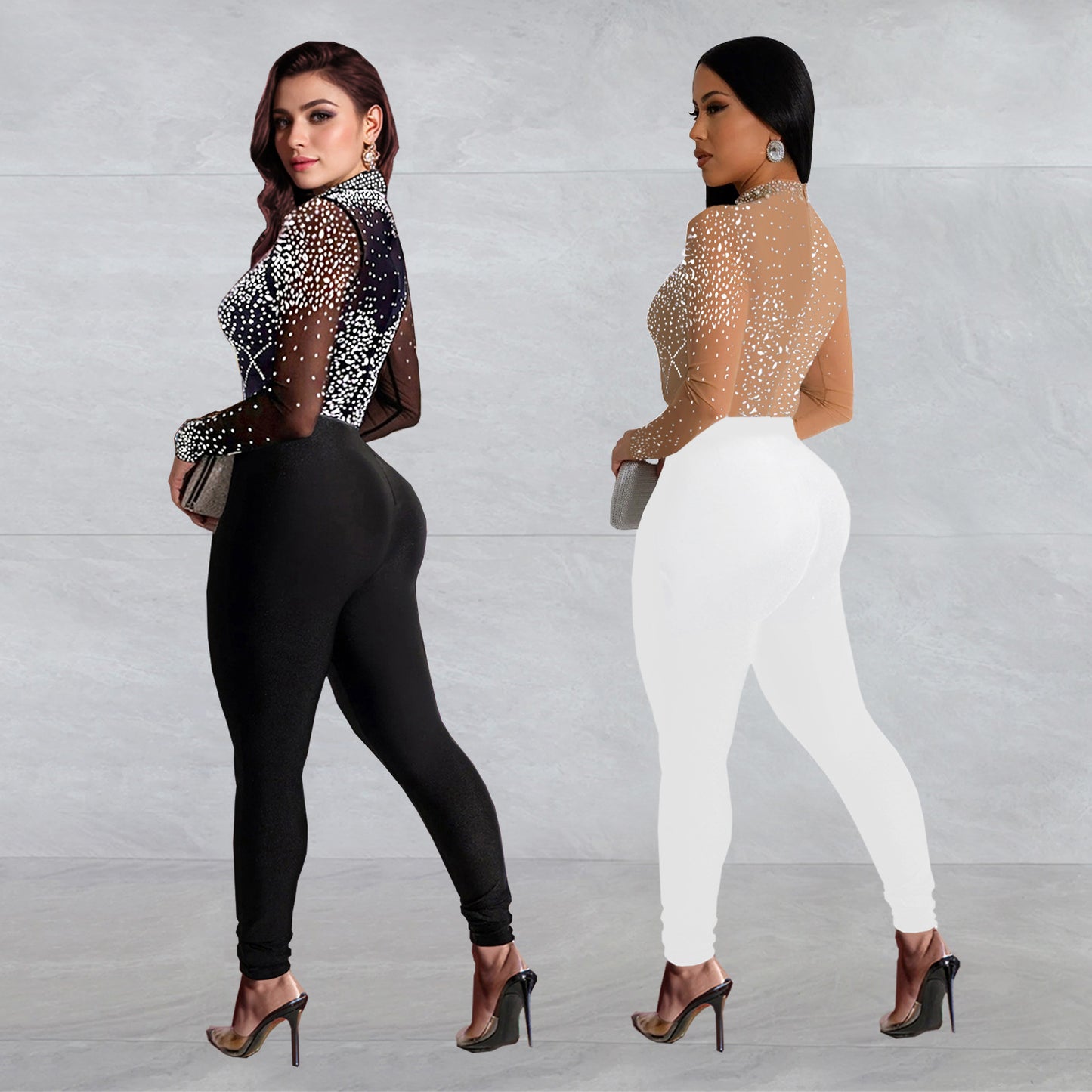 Dame Glamourøs Bodycon Jumpsuit med gennemsigtigt mesh og glitrende strass dekorationer Stilla