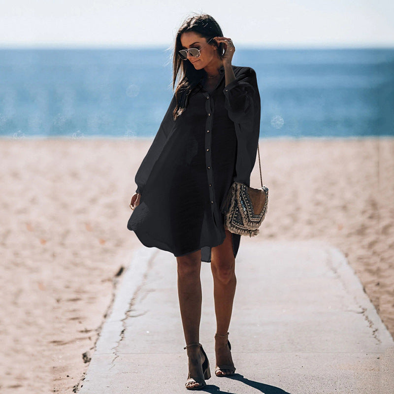 Dame afslappet strand skjorte kjole med knapdetalje og bred pasform Stilla