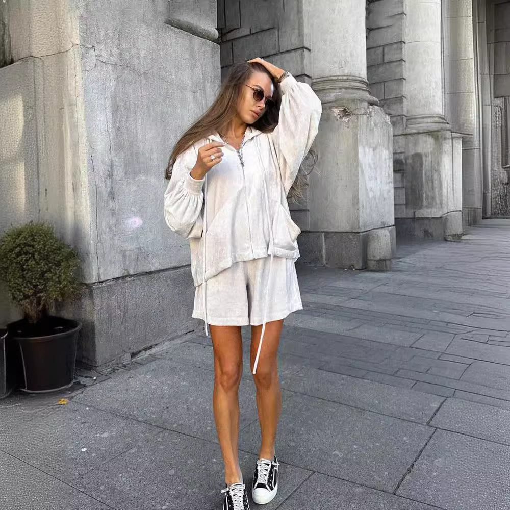 Dame afslappet fleece-sæt med hætte og lommer Stilla