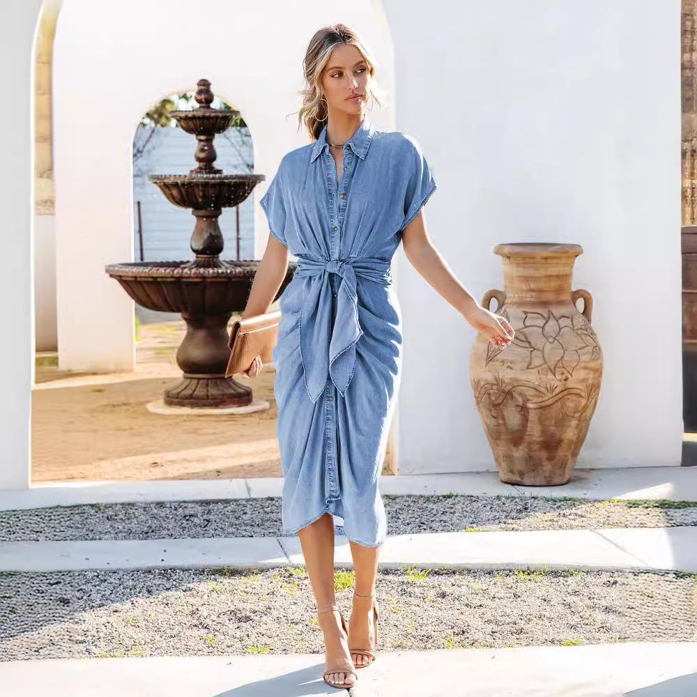 Dame Denim Skjortekjole med Vaflebælte og Overlappede Ærmer Stilla