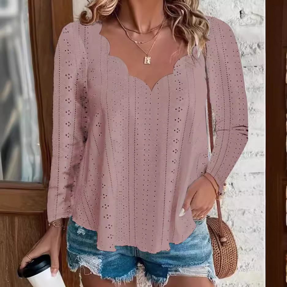 Dame Elegant Bluse med Skallop-udskæring og fin Løftestik Stilla