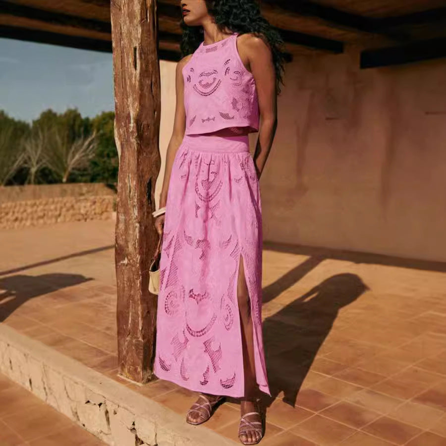 Dame Crop-Top og Maxiskørt Sæt med elegant Hæklemønster Stiila