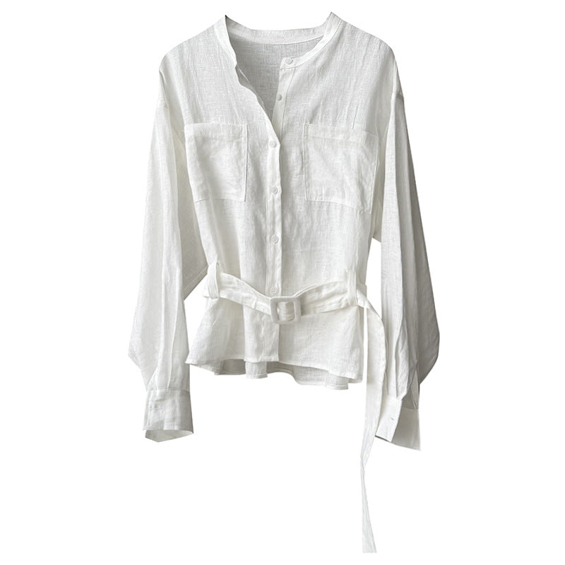 Dame afslappet skjorte med åndbart linned og taljebælte Stilla