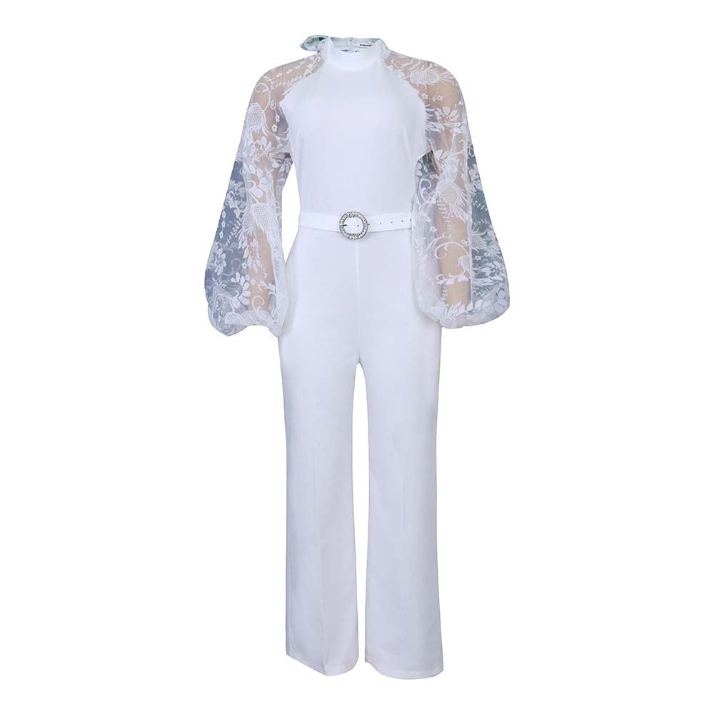 Dame jumpsuit med transparente puffærmer og taljerbar bælte Stilla