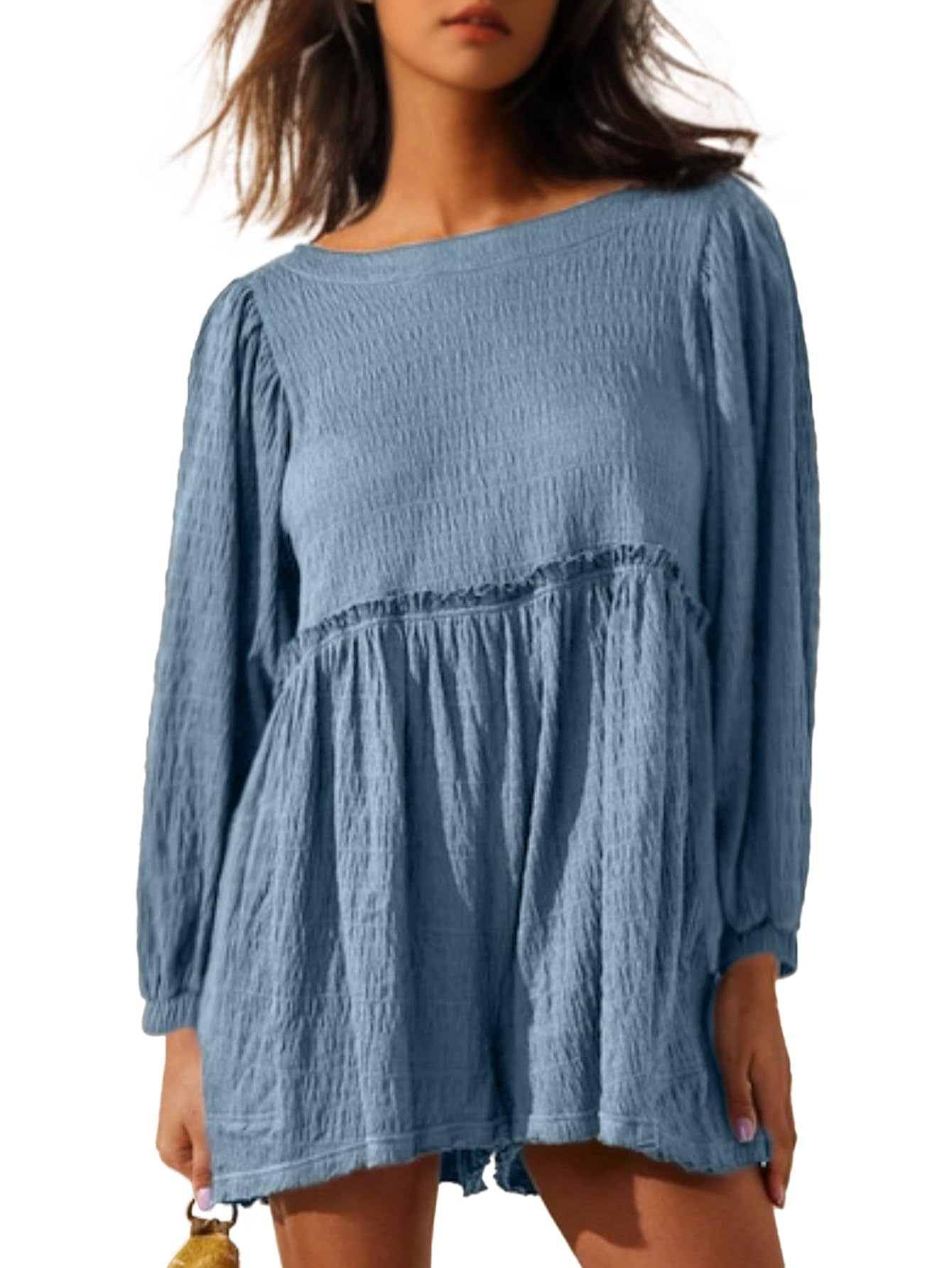 Dame afslappet skjortekjole med bredskårne ærmer og volanter Stilla