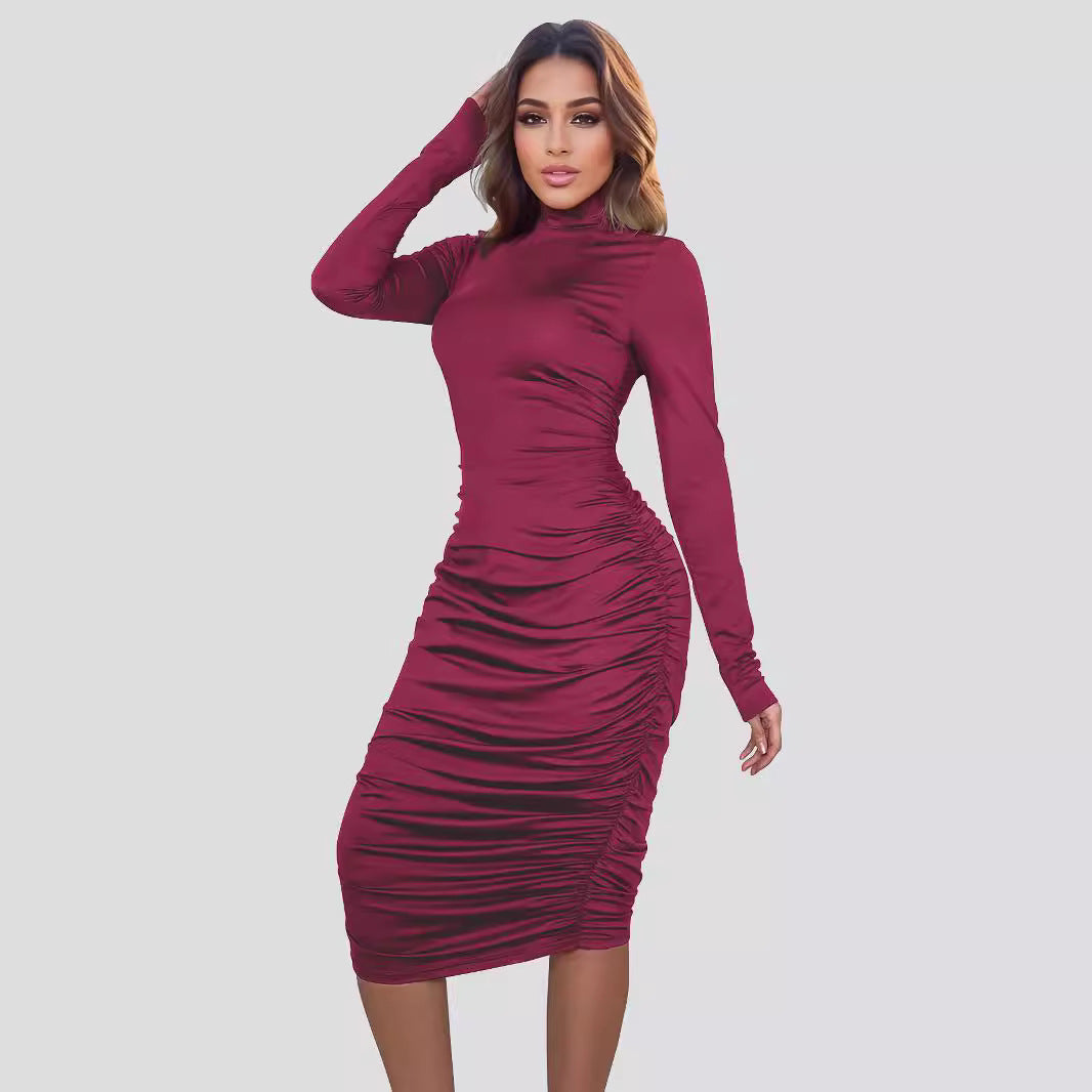 Dame Elegant Bodycon Kjole med høj ståkrave og rynker Stilla