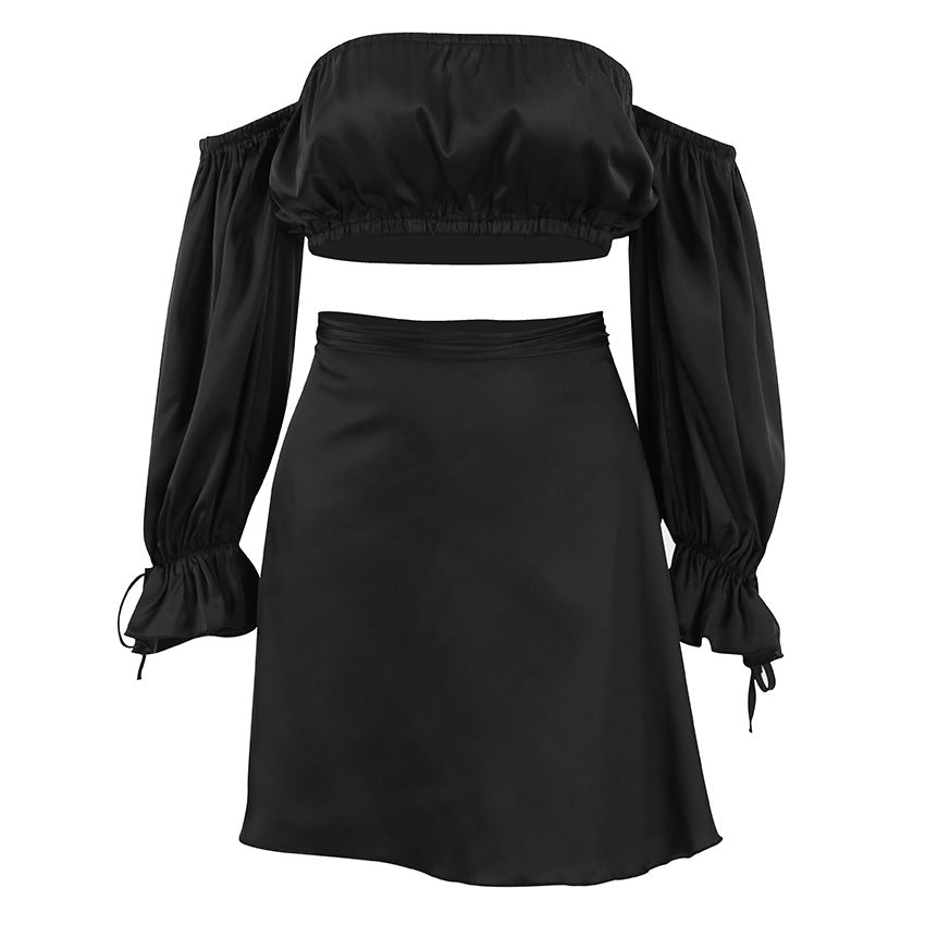 Dame Crop-Top og Mini nederdel sæt med rynkede ærmer Stilla