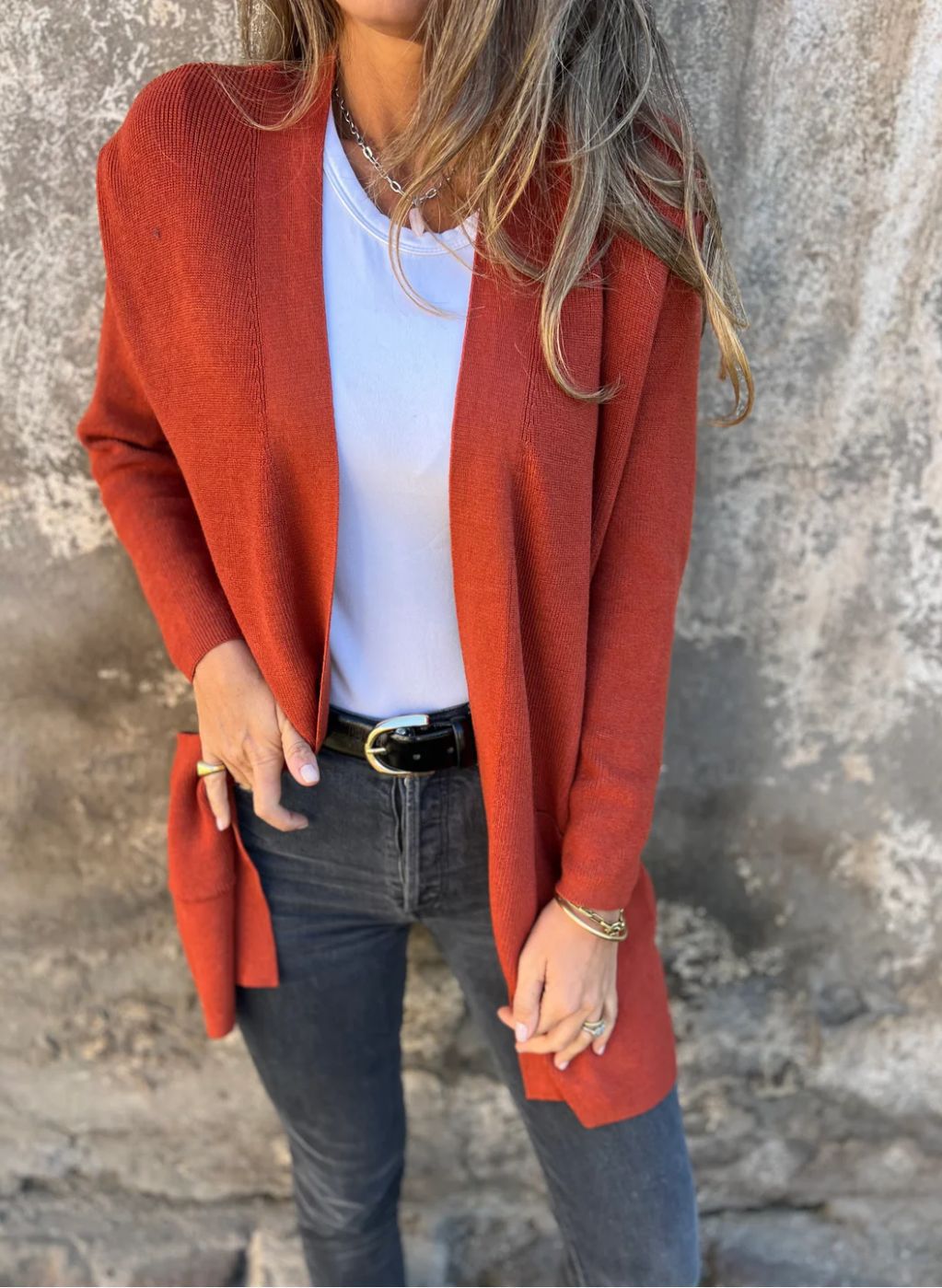 Dame åben front strikjakke med sidelommer Stilla