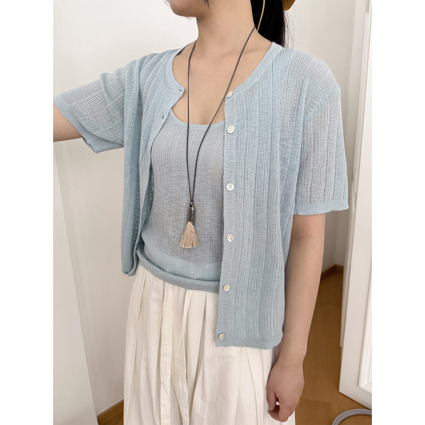 Dame afslappede crepe-bukser med elastisk talje og elegant bindebælte Stilla