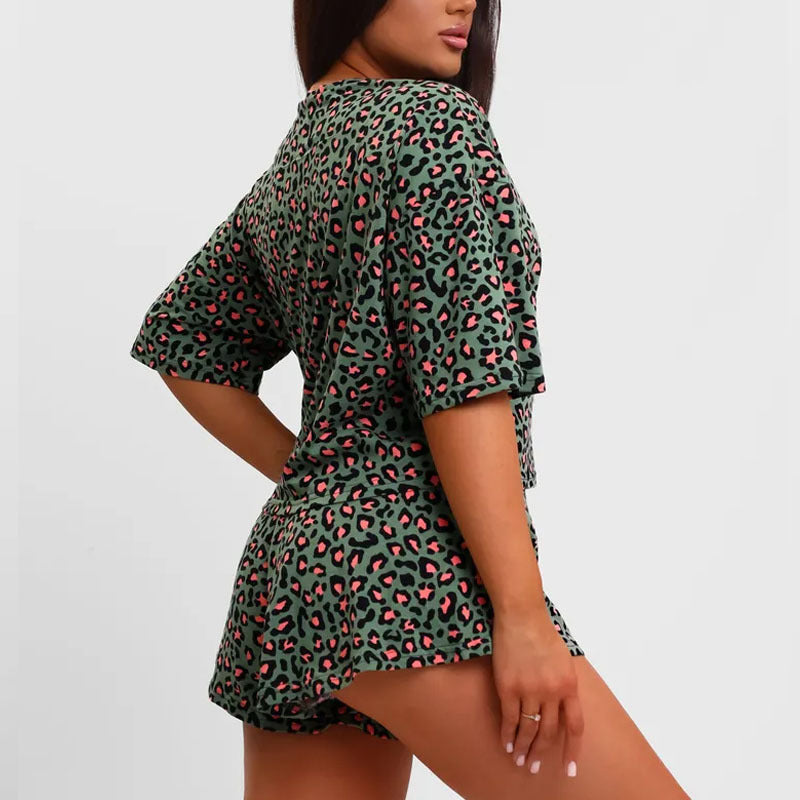 Dame afslappet fritids sæt med leopardmønster og elastisk linning Stilla